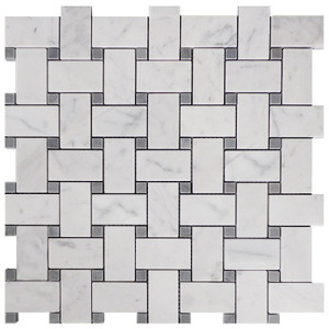 Carrara White Italian Marble Basketweave Mosaic Tile with Nero Marquina Black Dots Honed Carrara White Italian Marble Basketweave Mosaic Tile with Nero Marquina Black Dots Honed