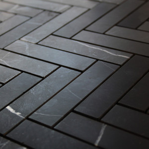 Nero Marquina Honed 1x3 Herringbone Mosaic 12x12 Mesh