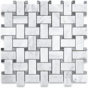 Carrara White Marble 1x2 Basketweave Mosaic Tile w/Bardiglio Gray Dots Honed Carrara White Marble 1x2 Basketweave Mosaic Tile w/Bardiglio Gray Dots Honed