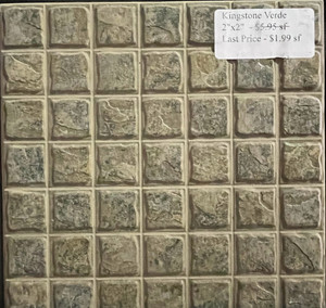 Kingstone Verde 2"x2" Scored 13"x13" Porcelain Tiles $1.99 Sq. Ft. Last Price (396.78 Sq. Ft. Left) Kingstone Verde 2"x2" Scored 13"x13" Porcelain Tiles $1.99 Sq. Ft. Last Price (396.78 Sq. Ft. Left)