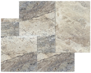 Silver Travertine Brushed & Chiseled & Unfilled Versailles Pattern (Sold in Bundles of 8 SF per Bundle) Silver Travertine Brushed & Chiseled & Unfilled Versailles Pattern (Sold in Bundles of 8 SF per Bundle)
