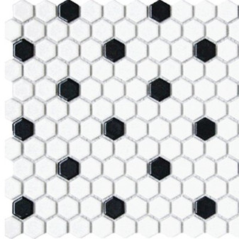 Alameda White Matte Hexagon with Black Dot Mosaic 12x12