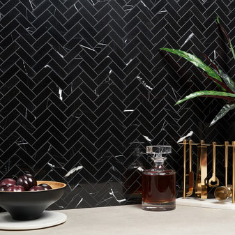 Nero Marquina 1x3 Herringbone Polished Marble Mosaic Tile