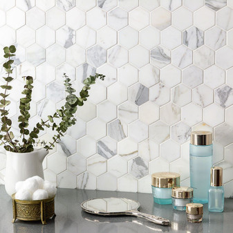 Calacatta 2" Hexagon Polished Marble Mosaic Tile