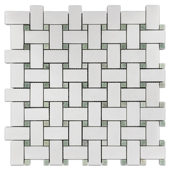 Thassos White Marble Basketweave Polished with Ming Green Dot 12x12