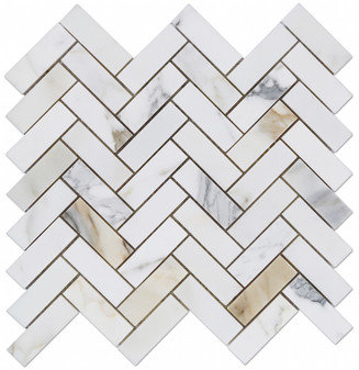 Calacatta Gold Honed 1"x3" Herringbone 12x12 Marble Mesh Mosaic