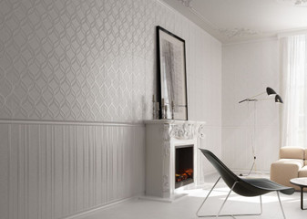 Elite White Decor 12x36 with 2x12 Elite White Decor Listello, & Elite White Lines Decorative 12x36 Wall Tile