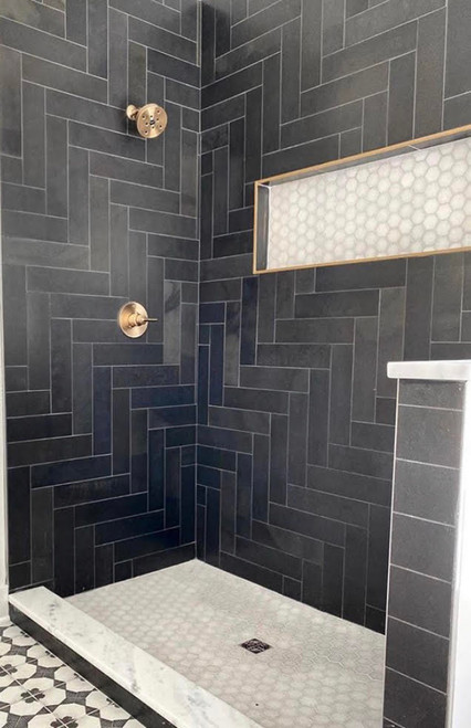 Brazillian Black 4x12 Slate Tiles on Shower Wall