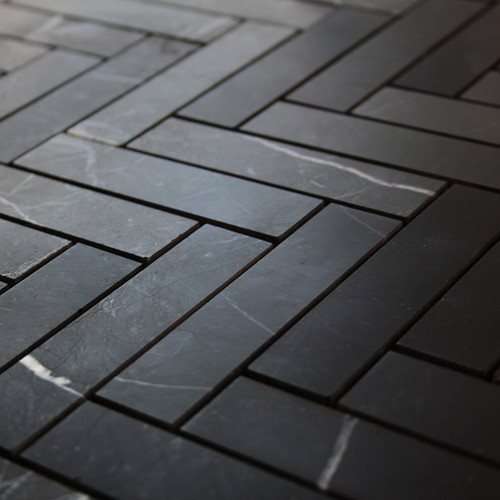 Nero Marquina Honed 1x3 Herringbone Mosaic 12x12 Mesh