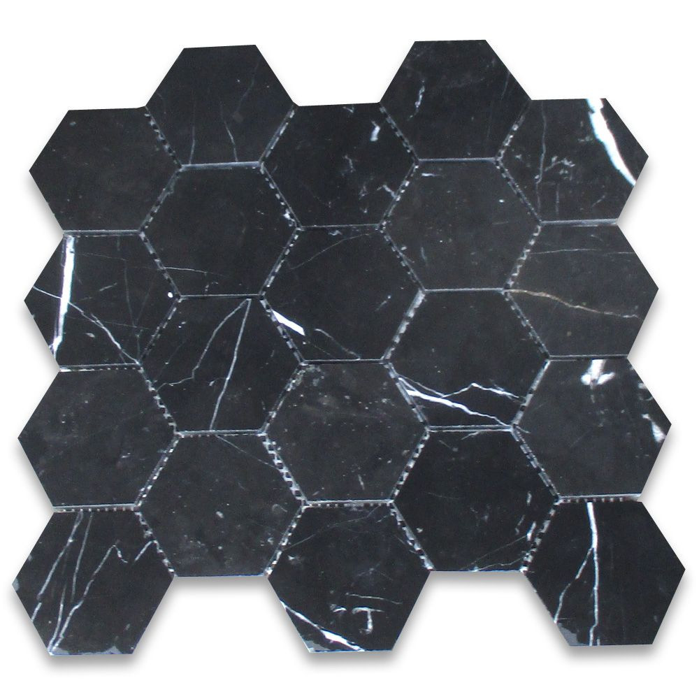 Nero Marquina Honed 2" Hexagon Marble Mosaics 12"x12" Portland Direct