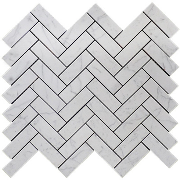 Carrara White Italian Marble 1” x 3” Herringbone Mosaic Tile Polished