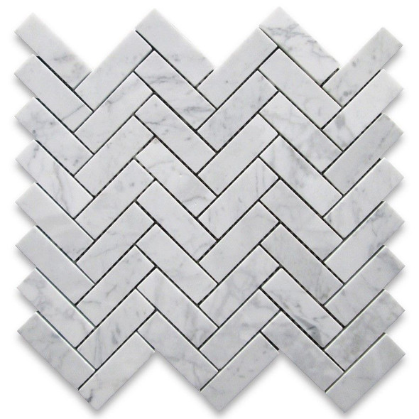 Carrara White Marble 1x3 Herringbone Mosaic Tile Polished