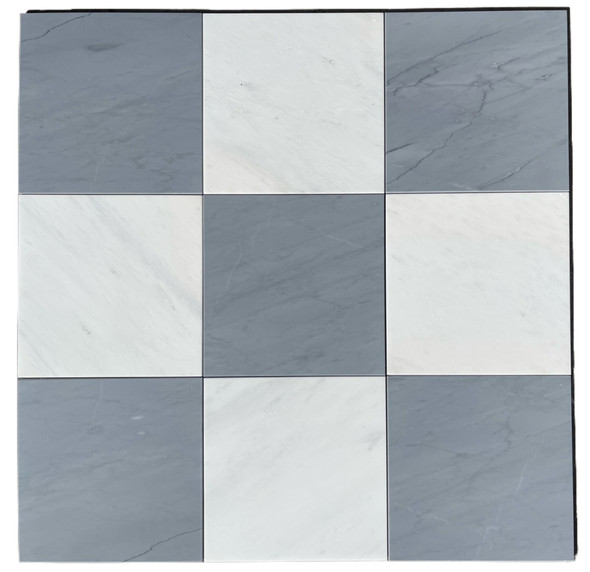 Ocean White Honed 18"x18" & Italian Bardiglio Imperiale Honed 18"x18" Checkerboard Marble Tiles