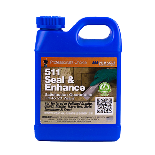 ABOUT 511 SEAL & ENHANCE
511 Seal & Enhance Is a unique, solvent-base formula designed to eliminate the need to use an impregnator before using a color enhancer for maximum stain protection and superior color enhancement. 511 Seal & Enhance is safe for use on granite, marble, limestone, natural stone, slate, ceramic tile, quarry tile and grout surfaces. 511 Seal & Enhance will enhance the color and rejuvenate the appearance of tumbled, honed, acid-washed, sandblasted, flamed, textured, even polished stone and tile surfaces. In addition, 511 Seal & Enhance revitalizes old and worn stone and tile installations. It can be used successfully in both interior and exterior environments and is freeze/thaw resistant.
 

READY TO USE SOLVENT BASE IMPREGNATOR/COLOR ENHANCE FOR:
• Granite• Limestone• Marble• Ceramic Tile• Polished Stone• Natural Stone• Quarry Tile• Slate• Grout• not for Concrete/Masonry
 
SPECIAL FEATURES:
• Superior Stain Protection• Interior/Exterior• One Step• Oil Resistant• Water Repelent• Will not Yellow• Enhances Color• Grout Release• Easy-to-Use• Lasts 3 - 5 Years• Good for Floors
 
COVERAGE:
Approximately 250 - 4,000 square feet per gallon.
 
AVAILABLE SIZES
8 oz.
Pint
Quart
Gallon