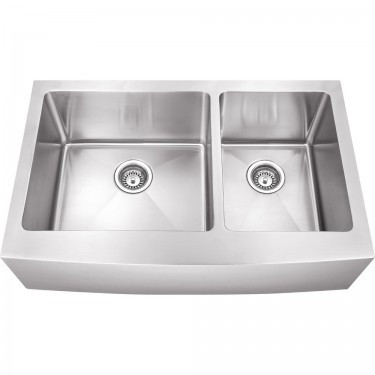 Hardware Resources HA225 Features:

Covered under limited lifetime warranty
Constructed from 16 gauge stainless steel
Farmhouse installation – sink will require special cabinets with an exposed front
Sink features dual basins
Sound absorbent construction to prevent dish clatter and under cabinet condensation
Rear drain location increases available space under the sink
All mounting hardware required for assembly is included
Hardware Resources HA225 Specifications:

Sink Length: 35-7/8" (from left to right)
Width: 35-7/8" (from front to back)
Height: 10" (from front to back)
Basin Dimensions (Left): 19" L x 16" W x 10" D
Basin Dimensions (Right): 13" L x 16" W x 10" D
Drain Connection: 3-1/2"