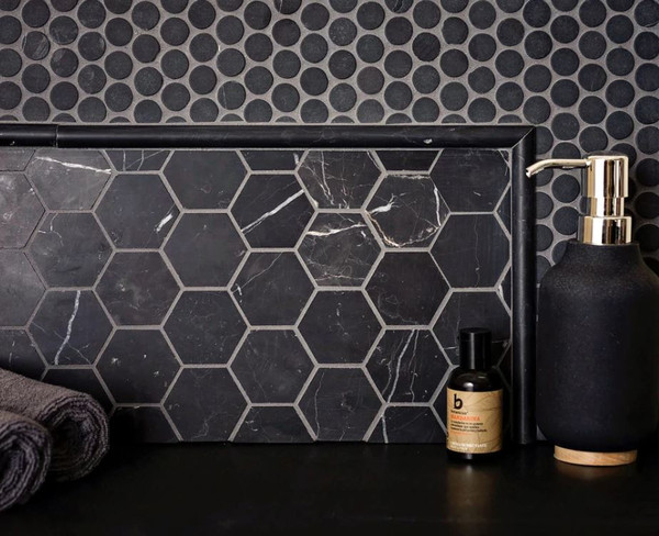 Nero Marquina Honed 2" Hexagon Marble Mosaics 12"x12"