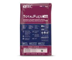 TEC TotalFlex® 110 Universal Polymer-Modified Mortar 50 lb Bag

TotalFlex® 110 Universal Polymer-Modified Mortar is a high-performance, universal mortar that provides ultra-long open time and smooth/creamy troweling. This ANSI A118.4HTE & A118.11 mortar is ideal for large and heavy tile, mosaic and glass tile, gauged porcelain tile panels/slabs, and uncoupling membrane applications. TotalFlex 110 provides robust non-sag/non-slump adhesion for floors, walls and ceilings, and can be used for interior, exterior and submerged applications.

TEC_TotalFlex-110_32lb.png
Recommended Tile Type
Large Format
Large Heavy
Gauged Porcelain Panels
Standard
Mosaic
Metal
Glass
Ceramic
Porcelain
Slate
Cement
Natural Stone
Quarry
Pavers
ANSI Specifications
A118.11
A118.4HTE
Set Speed
Standard
Recommended Substrates
Cementitious
Plywood
Existing Tile
Drywall
Uncoupling Membrane
OSB (with uncoupling membrane)
Gypsum
Waterproofing Membrane
Existing Vinyl Flooring
Recommended Applications
Interior
Exterior
Floor
Wall
Intermittent Wet
Submerged Water
Ceiling
In-Floor Heating*
Conforms with LEED v4 low emitting interiors. Compliant with (CDPH) Standard Method v1.2 VOC Emissions. *See product data sheet.