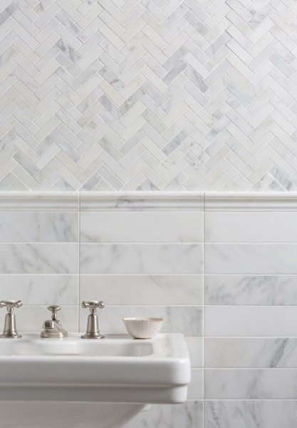 Ocean White Honed 1"x3" Herringbone & Ocean White Honed 3"x12"