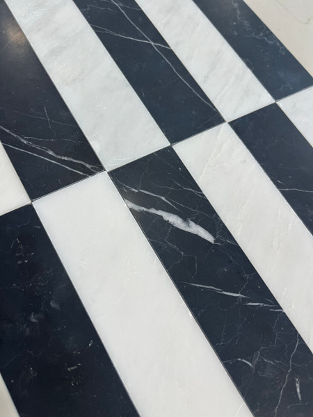 Nero Marquina Honed 2x8 & Ocean White Honed 2x8 Checkerboard