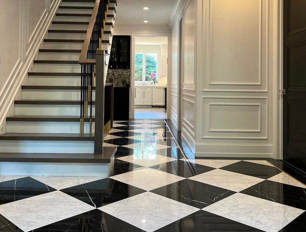 Italian Carrara Polished 18x18 & Nero Marquina Polished 18x18 Marble Tiles Checkerboard Pattern
