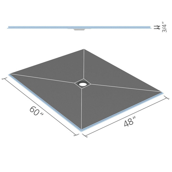 Wedi Fundo Ligno Curbless Shower Pan (Base) w/ Click and Seal Drain Unit - 48" x 60" x 3/4" Center Drain