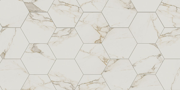 Di Cava Calacatta 2x2 Square Mosaics, 4x12 Field, 3x12 Bullnose, 16"x14" Hexagon Tiles, 4" Hexagon Mosaics