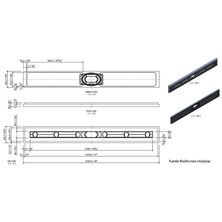 Wedi Fundo Riolito Neo Modular Shower System - Base/Drain - 48" x 5-3/4" Drain Module