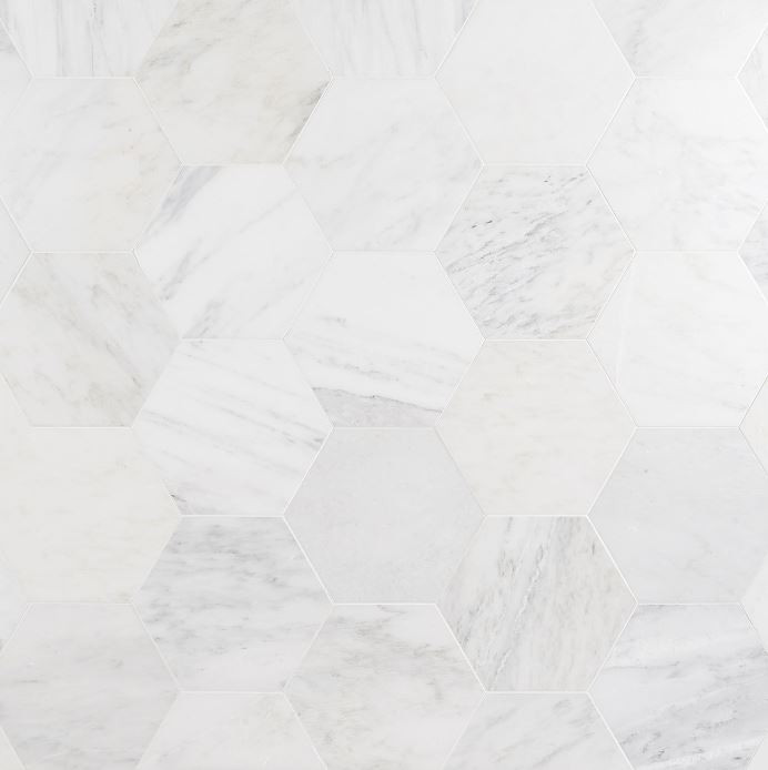 Ocean White Honed 6" Hexagon on Mesh