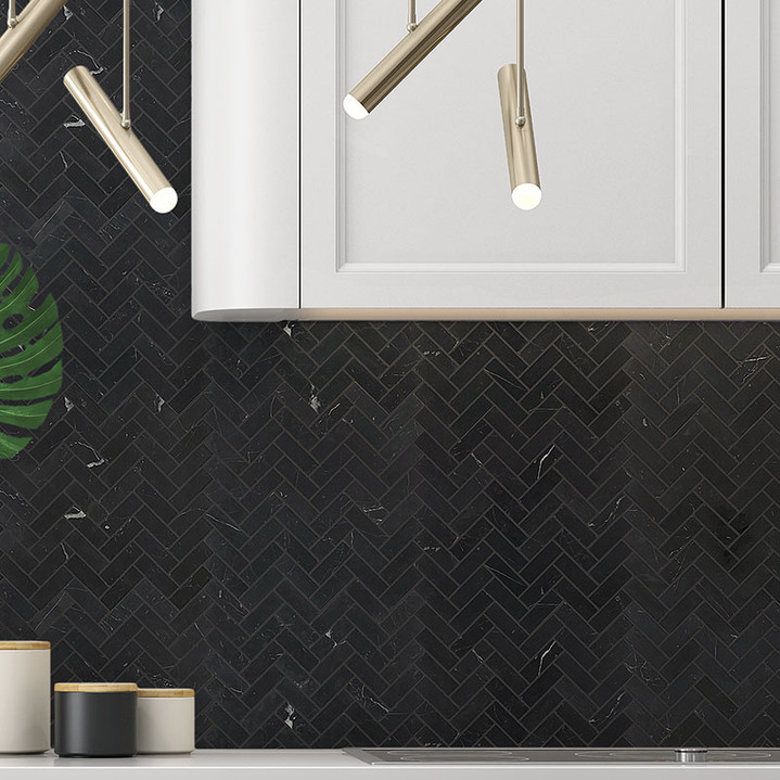 Nero Marquina Honed 1"x3" Herringbone Marble Mosaic