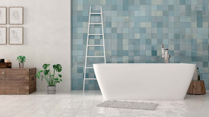 Mestizaje Zellige Aqua 5x5 and Chateau White 7x7 Gloss