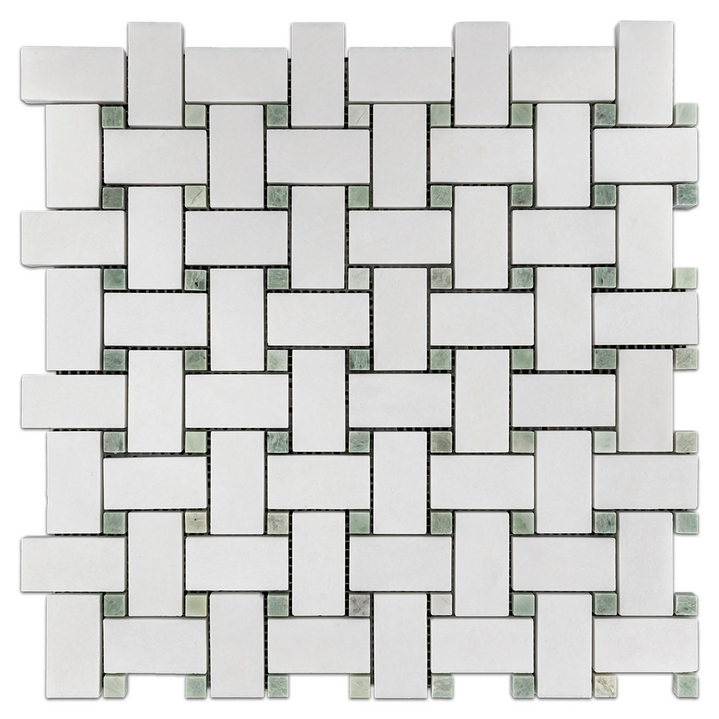 Thassos White Marble Basketweave Polished with Ming Green Dot 12x12