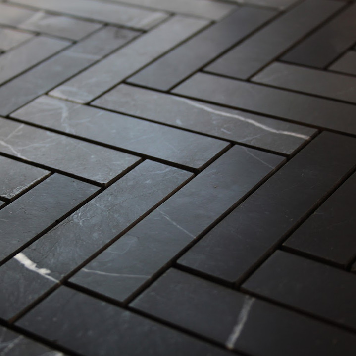 Nero Marquina Honed 1x3 Herringbone Mosaic 12x12 Mesh