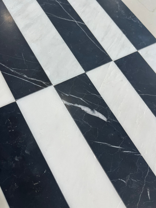 Nero Marquina Honed 2x8 & Ocean White Honed 2x8 Checkerboard