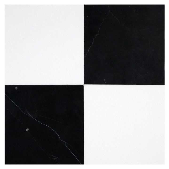 Thassos Greek Marble Polished 12x12 & Nero Marquina Polished 12x12 Checkerboard Pattern