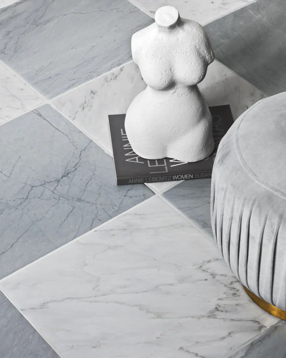 Bardiglio Imperiale Honed 12x12 & Ocean White Honed 12x12 Checkerboard Marble Tiles