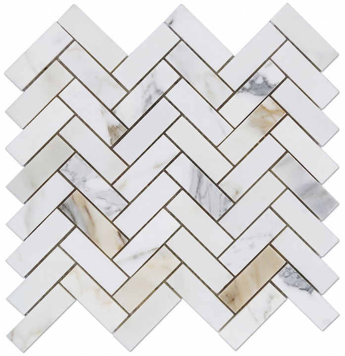 Calacatta Gold Honed 1"x3" Herringbone 12x12 Marble Mesh Mosaic