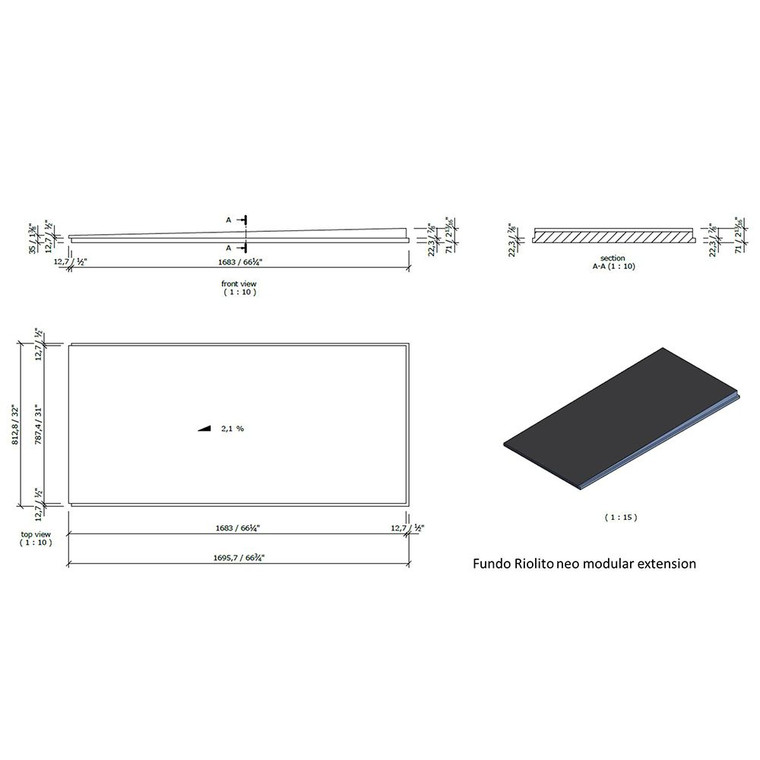 Wedi Fundo Riolito Neo Modular Shower System - Base/Drain - 32" x 66 3/4" Extension