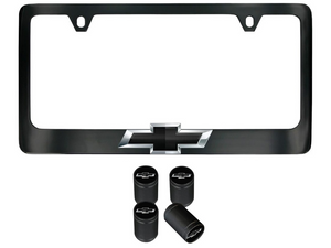 Wide Bottom License Plate Frame in Black Powder Coated Zinc with Chevrolet Bowtie and Valve Stem Caps by Baron & Baron®