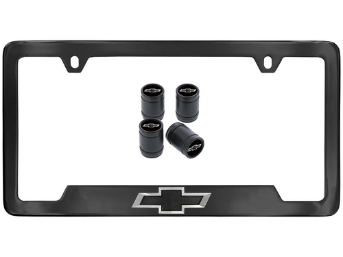 License Plate Frame in Black with Bowtie Logo and Valve Stem Caps by Baron & Baron