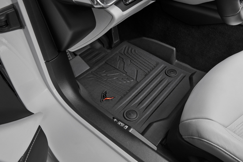 Corvette - Premium All-Weather Floor Liners in Jet Black with Crossed Flags Logo