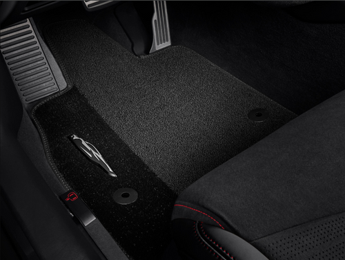 Corvette - First-Row Premium Carpeted Floor Mats in Jet Black with Sky Cool Gray Stitching and Corvette Silhouette