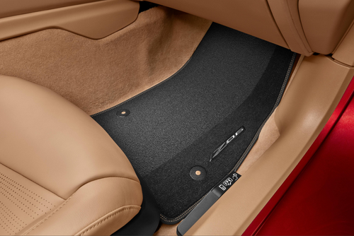 Corvette Z06 - First-Row Premium Carpeted Floor Mats in Jet Black with Natural Tan Stitching and Z06 Script