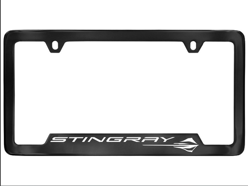 Corvette Stingray - License Plate Frame in Black with Engraved Corvette Stingray Logo in White by Baron & Baron®