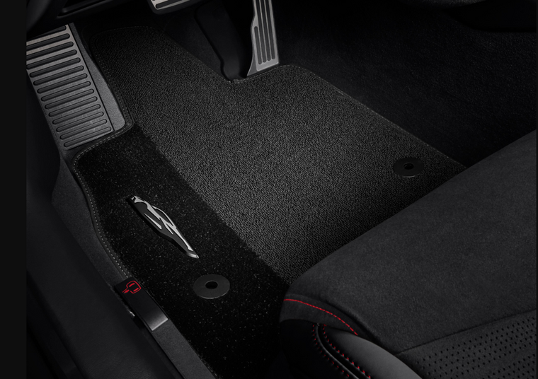 Chevrolet corvette 2026 First-Row Premium Carpeted Floor Mats in Jet Black with Sky Cool Gray Stitching and Corvette Silhouette