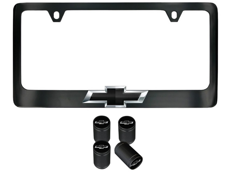 Wide Bottom License Plate Frame in Black Powder Coated Zinc with Chevrolet Bowtie and Valve Stem Caps by Baron & Baron®