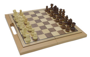 CHESS - FOLDING SET WITH INLAID WALNUT WOOD (AND CUT OUT HANDLE)