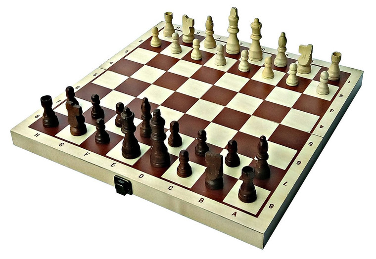 FOLDING WOOD CHESS, CHECKERS, BACKGAMMON SET - MAHOGANY STAIN