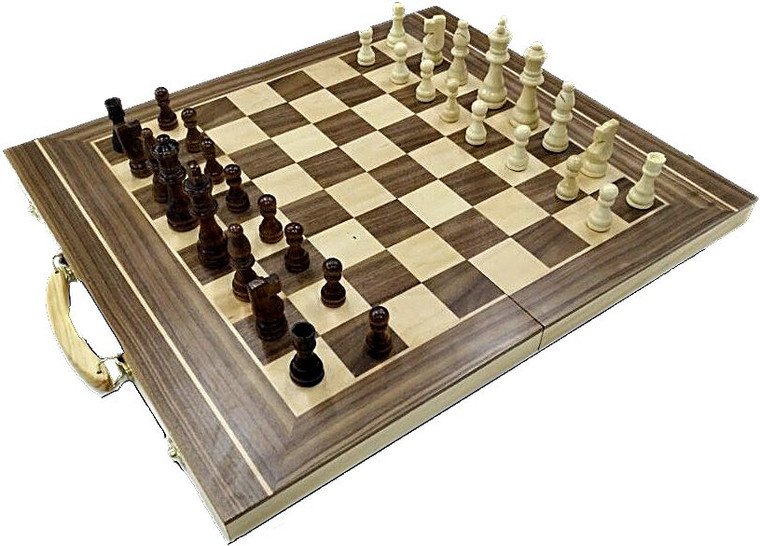 FOLDING 3 in 1 CHESS, CHECKERS, BACKGAMMON - WALNUT WOOD