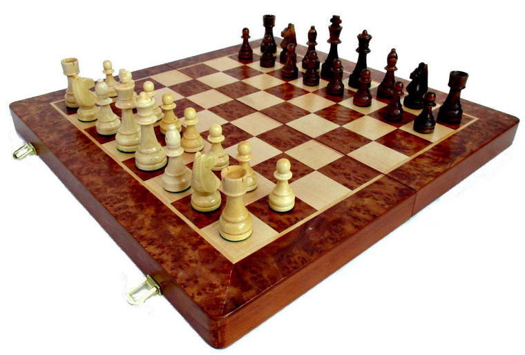 FOLDING WOOD CHESS, CHECKERS, BACKGAMMON SET - BURL VENEER