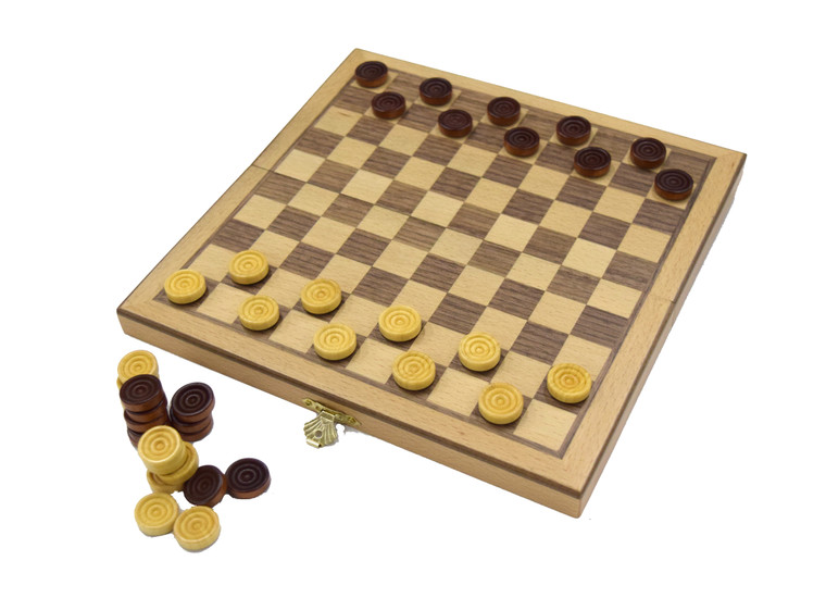 CHECKERS/DRAUGHTS - IN WOOD INLAID WOOD CASE